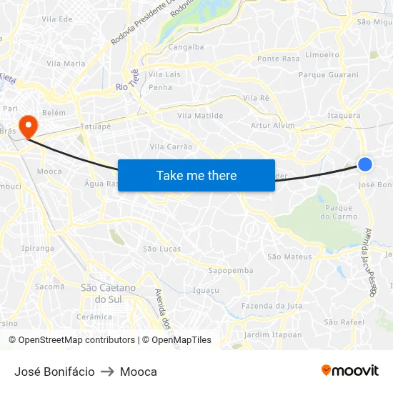 José Bonifácio to Mooca map