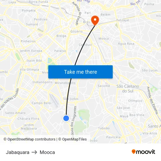 Jabaquara to Mooca map