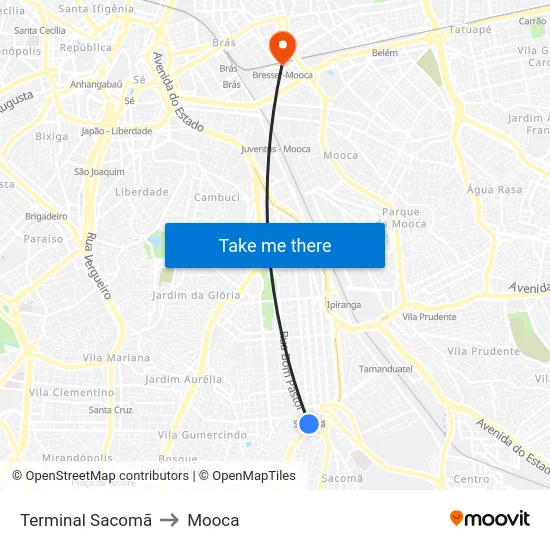 Terminal Sacomã to Mooca map