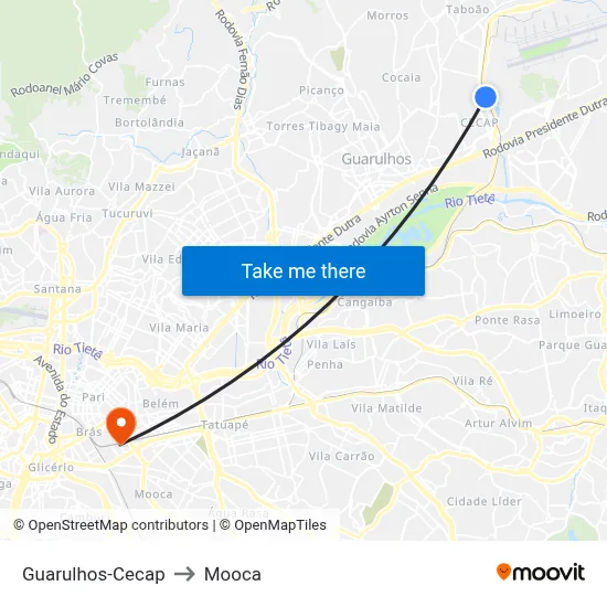 Guarulhos-Cecap to Mooca map
