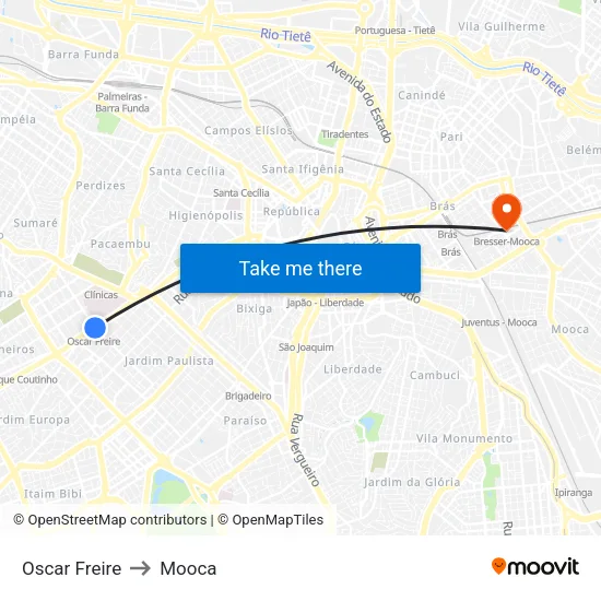 Oscar Freire to Mooca map