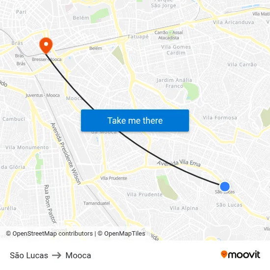 São Lucas to Mooca map