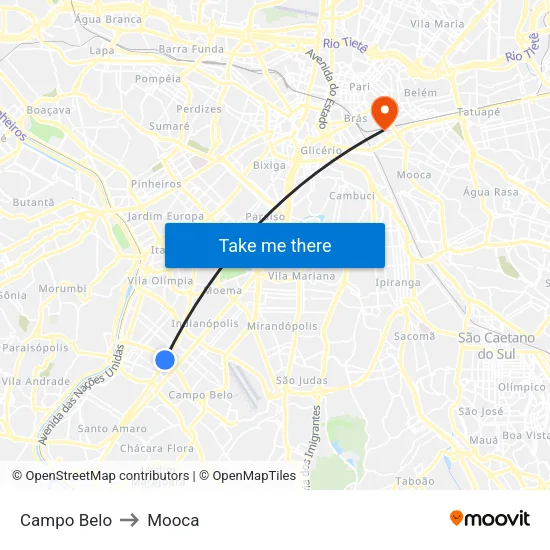Campo Belo to Mooca map