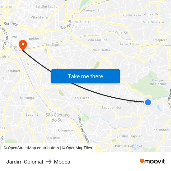Jardim Colonial to Mooca map
