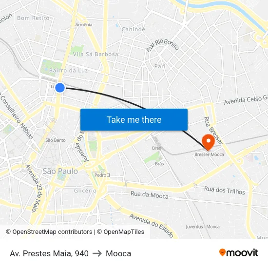 Av. Prestes Maia, 940 to Mooca map
