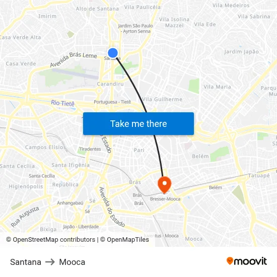 Santana to Mooca map