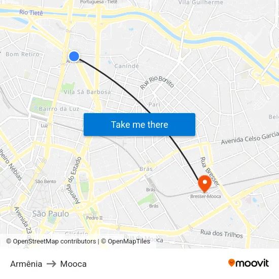 Armênia to Mooca map