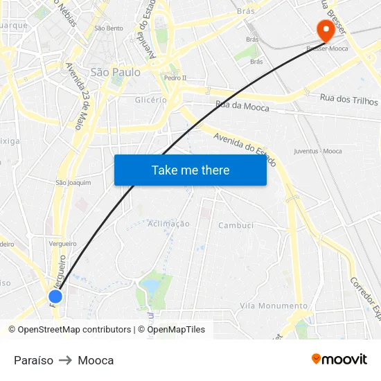 Paraíso to Mooca map