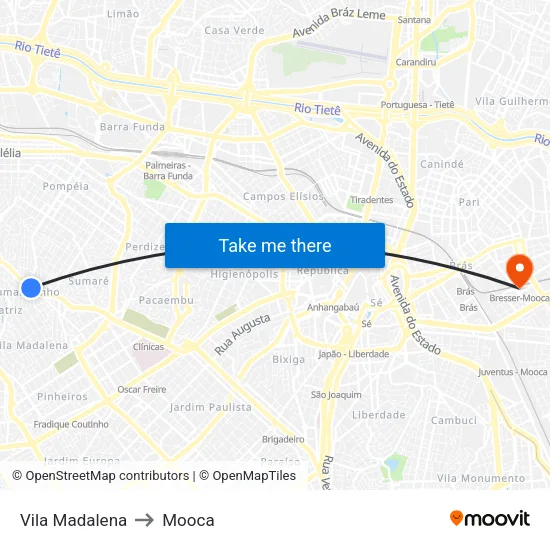 Vila Madalena to Mooca map