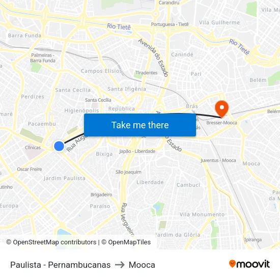 Paulista - Pernambucanas to Mooca map