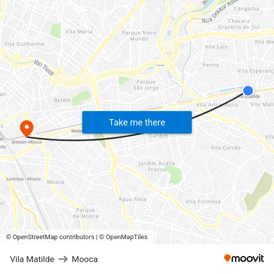 Vila Matilde to Mooca map