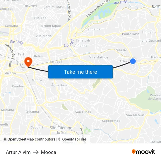 Artur Alvim to Mooca map