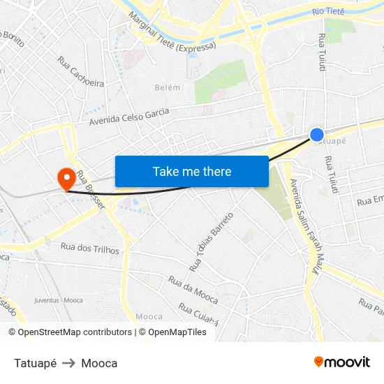 Tatuapé to Mooca map