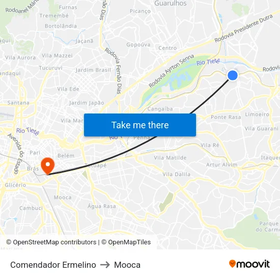 Comendador Ermelino to Mooca map