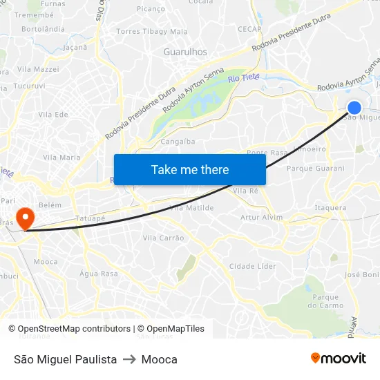 São Miguel Paulista to Mooca map