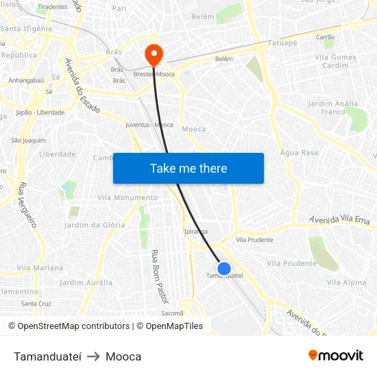 Tamanduateí to Mooca map