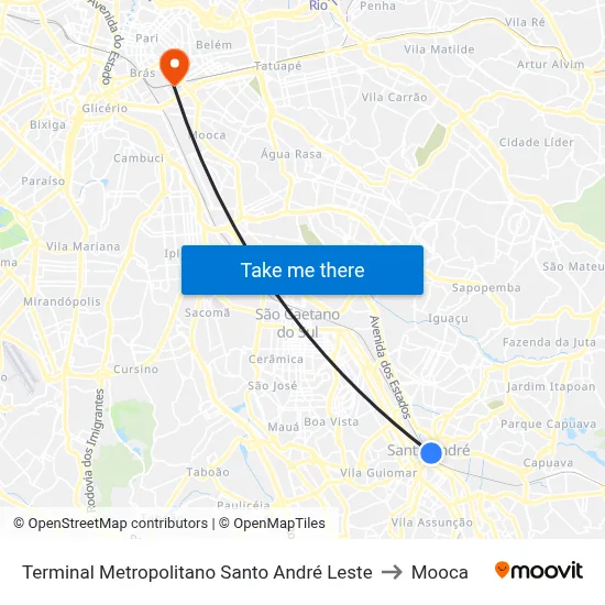 Terminal Metropolitano Santo André Leste to Mooca map