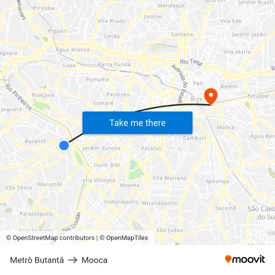 Metrô Butantã to Mooca map