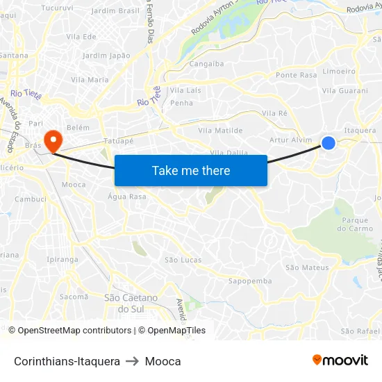Corinthians-Itaquera to Mooca map