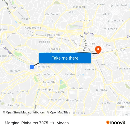 Marginal Pinheiros 7075 to Mooca map