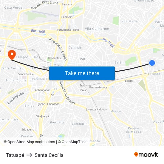 Tatuapé to Santa Cecília map
