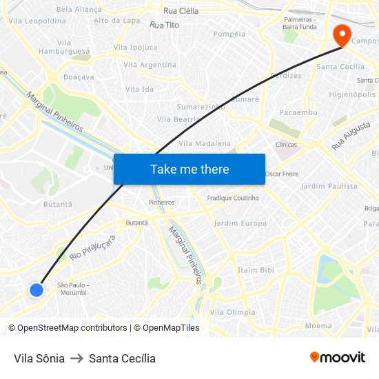 Vila Sônia to Santa Cecília map