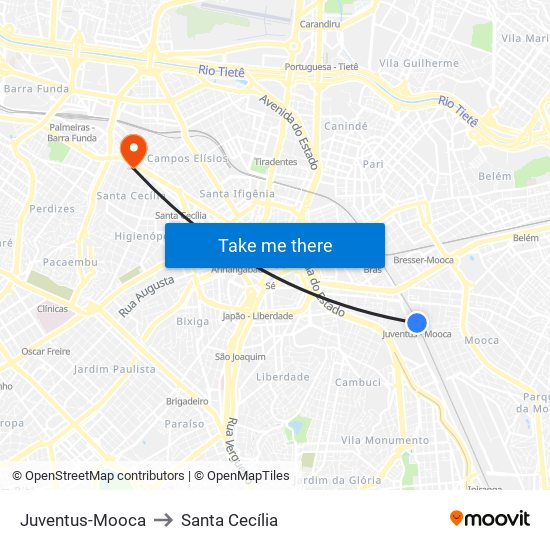 Juventus-Mooca to Santa Cecília map