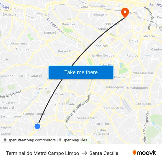 Terminal do Metrô Campo Limpo to Santa Cecília map