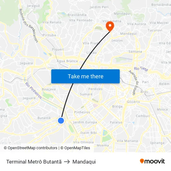 Terminal Metrô Butantã to Mandaqui map
