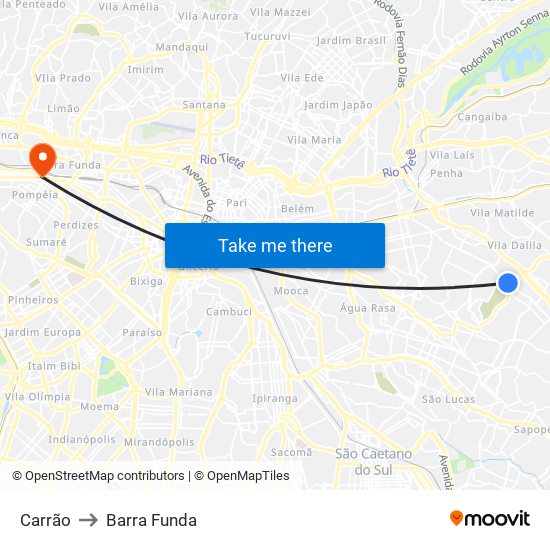 Carrão to Barra Funda map
