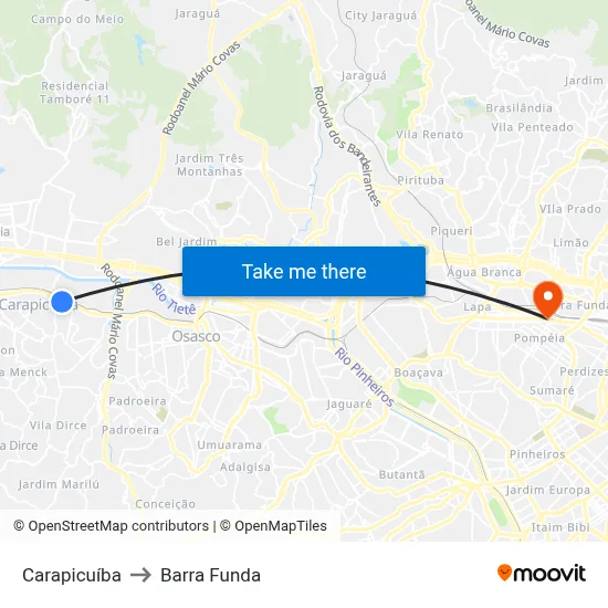 Carapicuíba to Barra Funda map