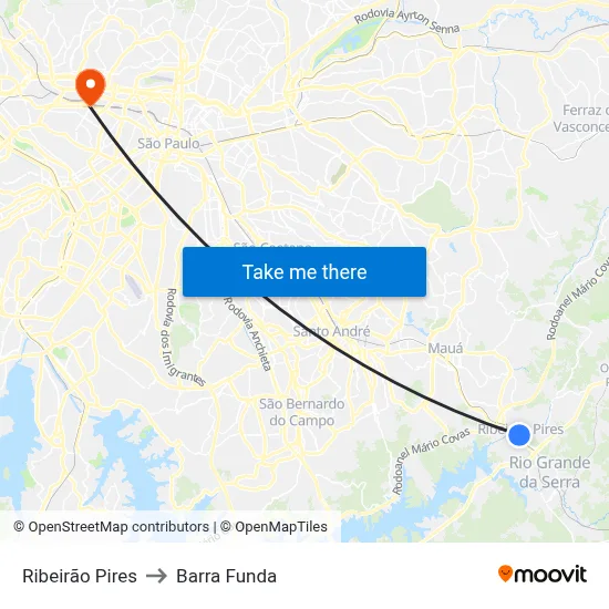 Ribeirão Pires to Barra Funda map