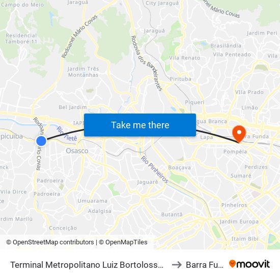 Terminal Metropolitano Luiz Bortolosso / Km 21 to Barra Funda map