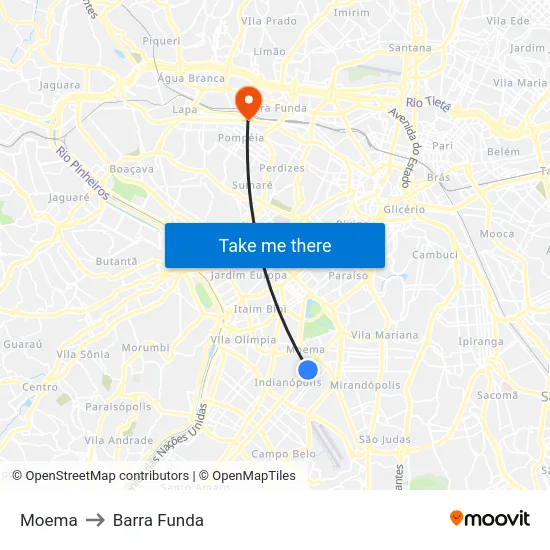 Moema to Barra Funda map