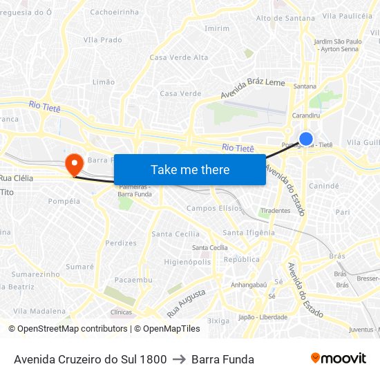 Avenida Cruzeiro do Sul 1800 to Barra Funda map