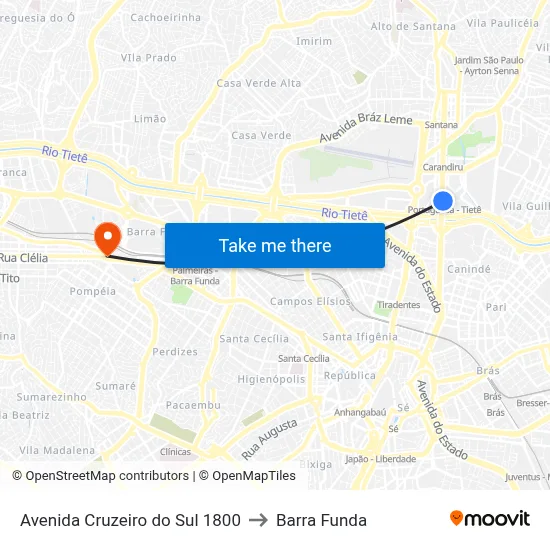 Avenida Cruzeiro do Sul 1800 to Barra Funda map