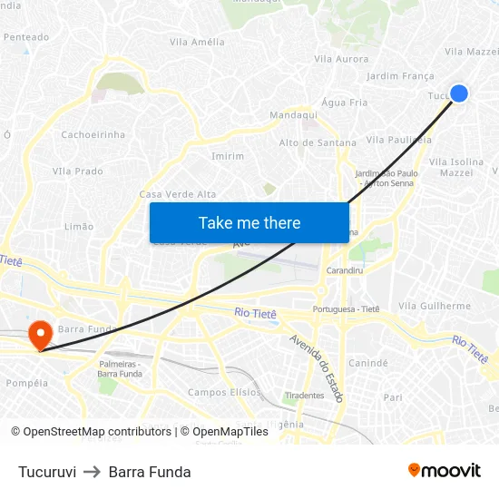 Tucuruvi to Barra Funda map