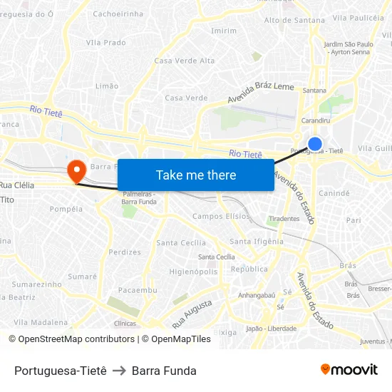 Portuguesa-Tietê to Barra Funda map