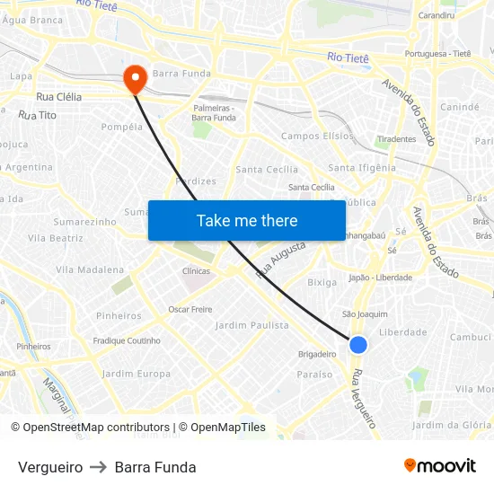 Vergueiro Sebrae to Barra Funda map