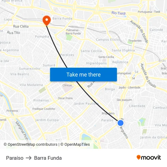 Paraíso to Barra Funda map