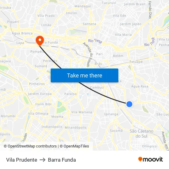 Vila Prudente to Barra Funda map