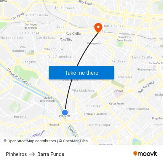 Pinheiros to Barra Funda map