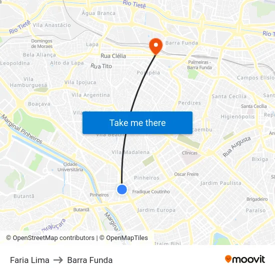 Faria Lima to Barra Funda map