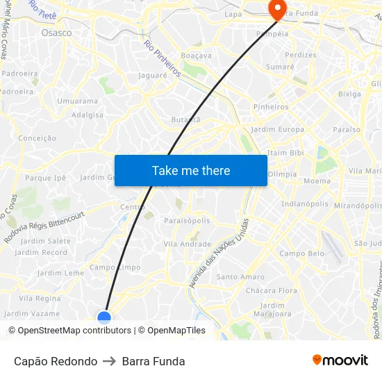 Capão Redondo to Barra Funda map