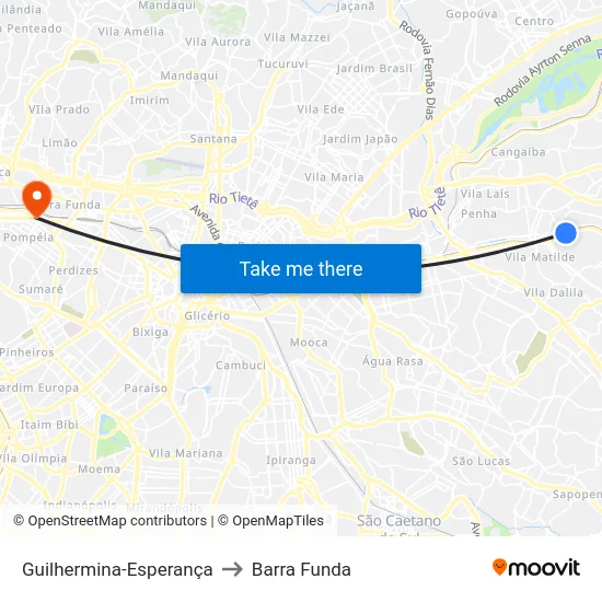 Guilhermina-Esperança to Barra Funda map