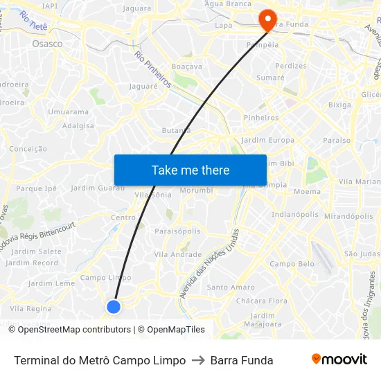 Terminal do Metrô Campo Limpo to Barra Funda map