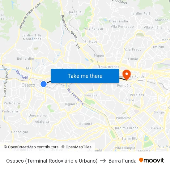 Osasco (Terminal Rodoviário e Urbano) to Barra Funda map