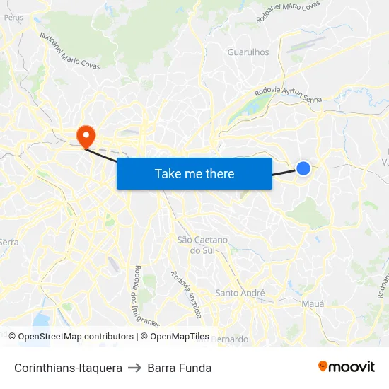 Corinthians-Itaquera to Barra Funda map
