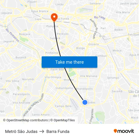 Metrô São Judas to Barra Funda map