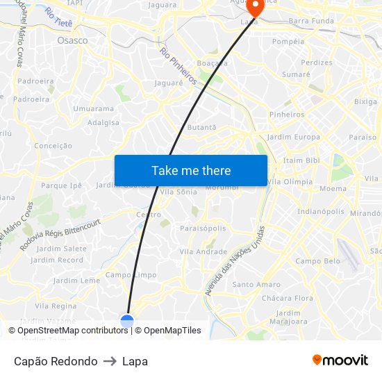 Capão Redondo to Lapa map